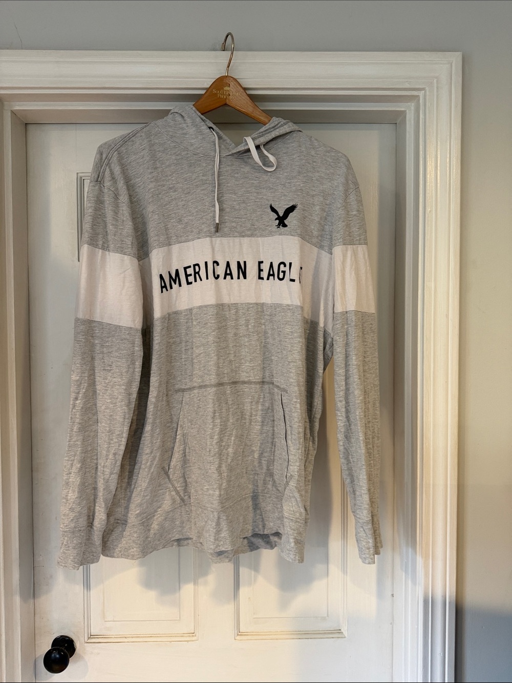 American Eagle Outfitters Light Grey and White Hooded Pullover